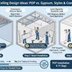 Gypsum false ceiling installation step-by-step - Step 1: Metal framework installation (leveling & layout). Step 2: Gypsum board fixing (6x4 ft boards, screws every 6-8 inches). Step 3: Tape & joint finish (ready for paint). Gypsum install takes 2-3 days vs POP 5-7+ days. Complete false ceiling installation guide 2026.