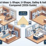 Kitchen layout comparison - L-Shape (best for open-plan, small-medium kitchens), U-Shape (best for large kitchens, serious cooks), Galley (best for apartments, narrow footprints), Island (best for entertaining, family gathering). Kitchen work triangle: fridge-sink-stove, 12-26 ft total distance. Complete kitchen layout guide 2026.