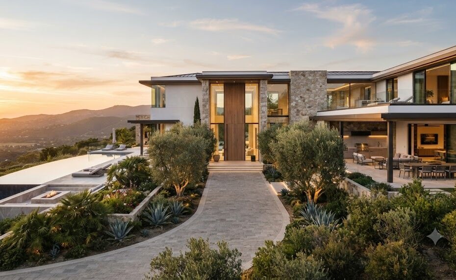 Modern luxury villa design with grand entryway infinity pool and private courtyard