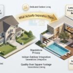 Luxury villa vs regular house comparison - What separates a villa from a regular house: standalone privacy, indoor-outdoor living integrated from the start, space planned around one family, materials that age well. Villa features: private pool, central courtyard, large glass openings, natural stone, wood, hand-finished plaster. Complete luxury villa design guide 2026.