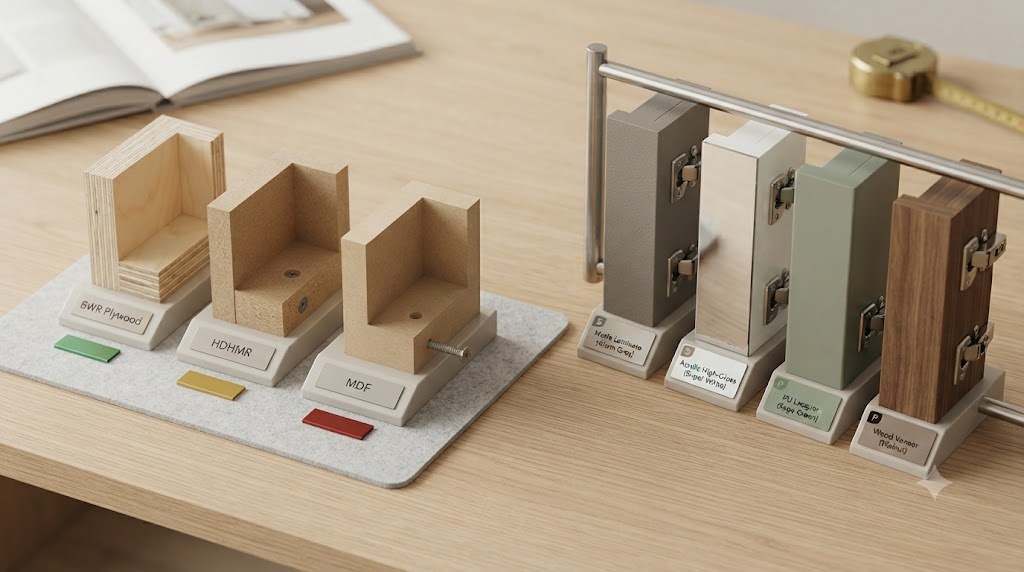 Modular kitchen materials guide showing carcass options (plywood, HDHMR, MDF) and shutter finishes (laminate, acrylic, PU) across budget to premium tiers
