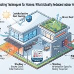 Passive cooling techniques for homes - Cool/reflective roofs reduce indoor temps 5-8°C (Tamil Nadu initiative, up to 15% energy savings). Cross ventilation + thermal mass: 3-6°C cooler. Night ventilation essential for thermal mass. Shading blocks direct solar radiation. Complete 2026 sustainable home design guide.
