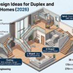 Staircase design ideas for duplex and multi-storey homes - L-shaped (best for compact plots), U-shaped switchback (most space-efficient), straight flight (best for wider plots), spiral (secondary only, 9m height limit), floating cantilevered (striking modern design, requires engineering). NBC standards: 900mm min width, 150-190mm riser, 250mm+ tread, 2.1m headroom. Complete 2026 staircase design guide.