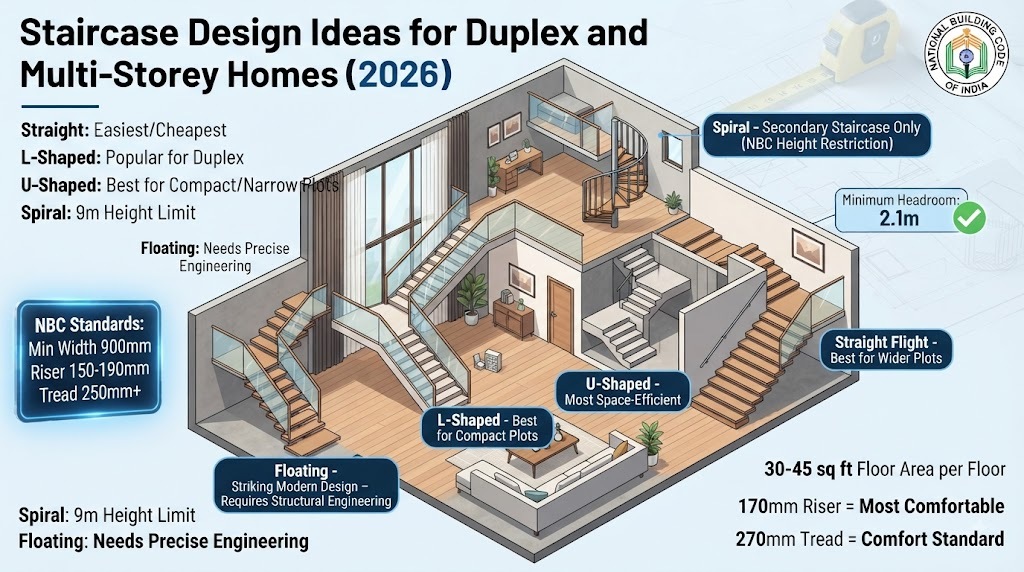 Staircase design ideas for duplex and multi-storey homes - L-shaped (best for compact plots), U-shaped switchback (most space-efficient), straight flight (best for wider plots), spiral (secondary only, 9m height limit), floating cantilevered (striking modern design, requires engineering). NBC standards: 900mm min width, 150-190mm riser, 250mm+ tread, 2.1m headroom. Complete 2026 staircase design guide.