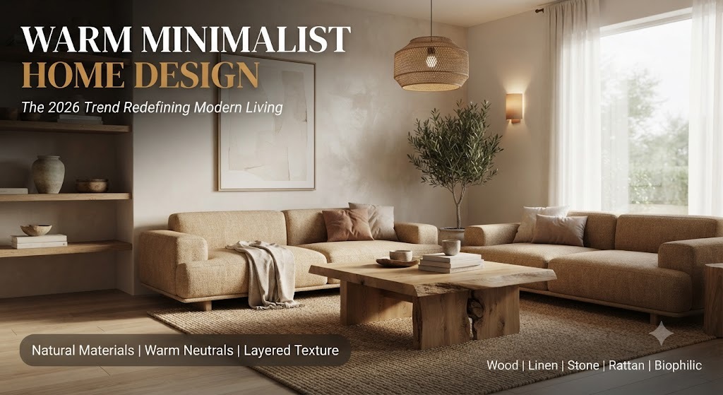 Warm minimalist home design 2026 trend hero image showing cozy living room with natural materials wood linen and warm neutral colors