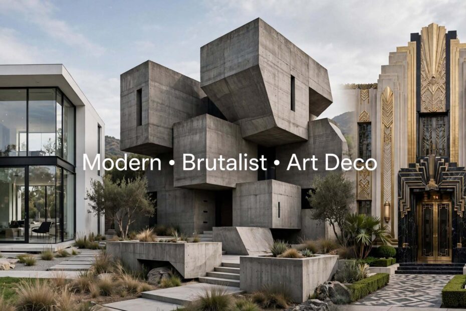Architectural styles explained Modern Brutalist and Art Deco comparison