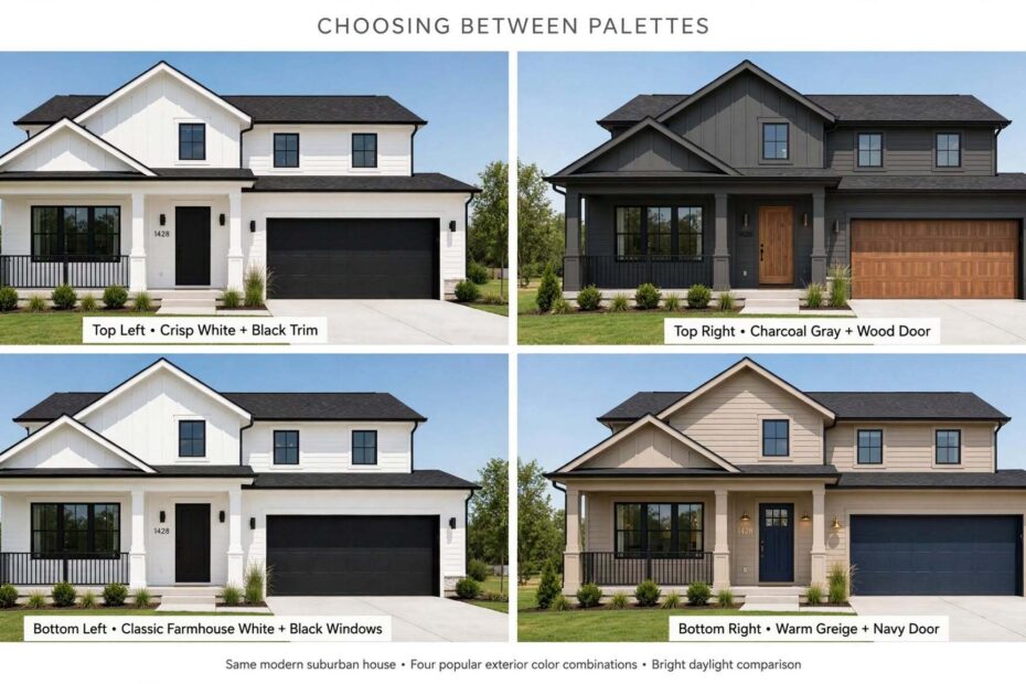 A visual comparison of four popular exterior paint color combinations on the same house facade, including modern, classic, and farmhouse styles.