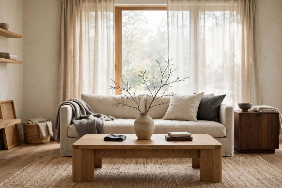 Serene Japandi living room with low-profile linen sofa, mixed light and dark wood furniture, ceramic vase, and natural textures in warm neutral tones