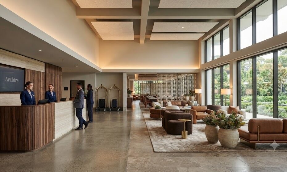 Modern luxury hotel lobby interior demonstrating core hotel design principles with warm ambient lighting, organic materials, and optimized spatial flow.