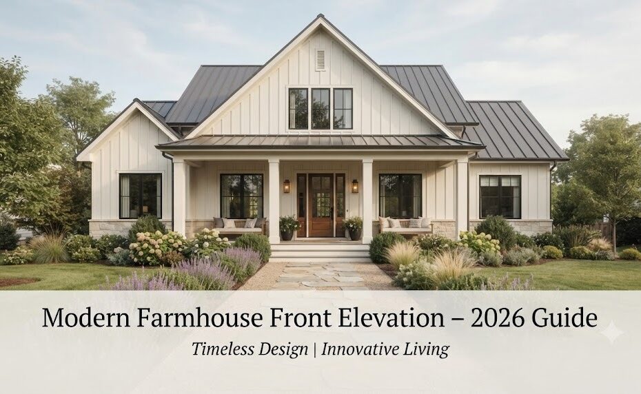 Modern farmhouse front elevation 2026 design guide with gable roof and porch