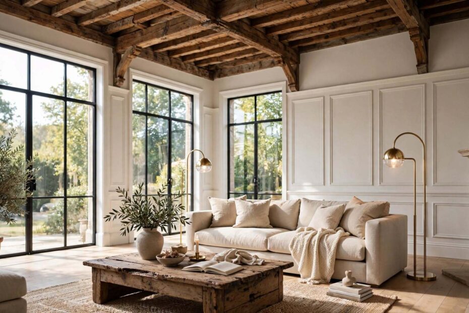 A luxurious living room showcasing modern heritage design, blending historic wall paneling and antique wooden elements with clean contemporary furniture.
