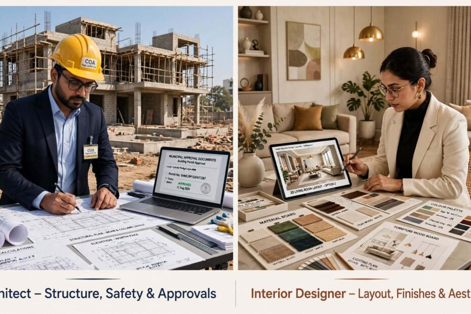 Architect vs interior designer side-by-side comparison showing structural planning versus interior layout finishes and aesthetics in India