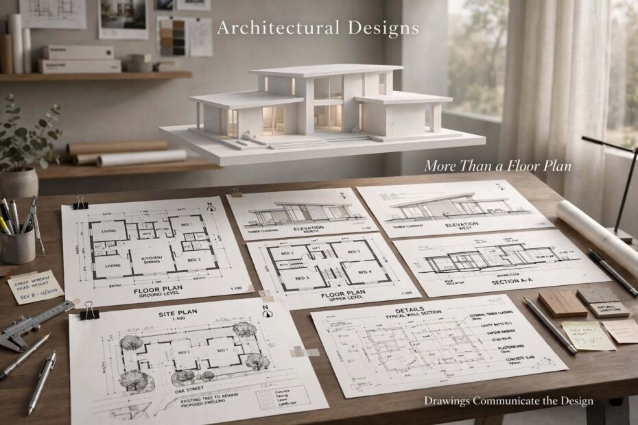 Architectural designs overview showing complete drawing set including plans elevations sections and details for building projects