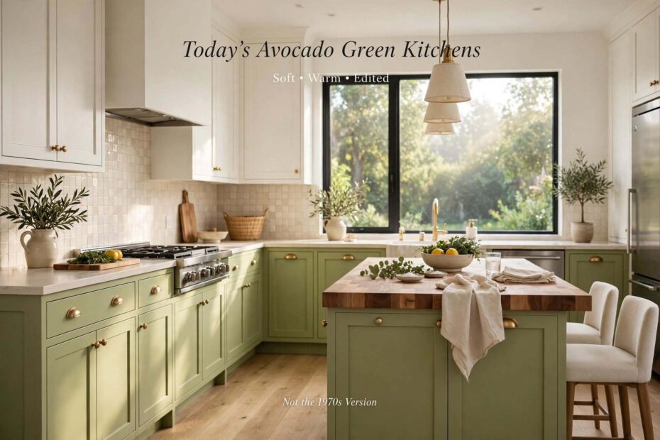 Avocado green versus olive sage pistachio forest and matcha colour comparison for modern kitchen cabinets