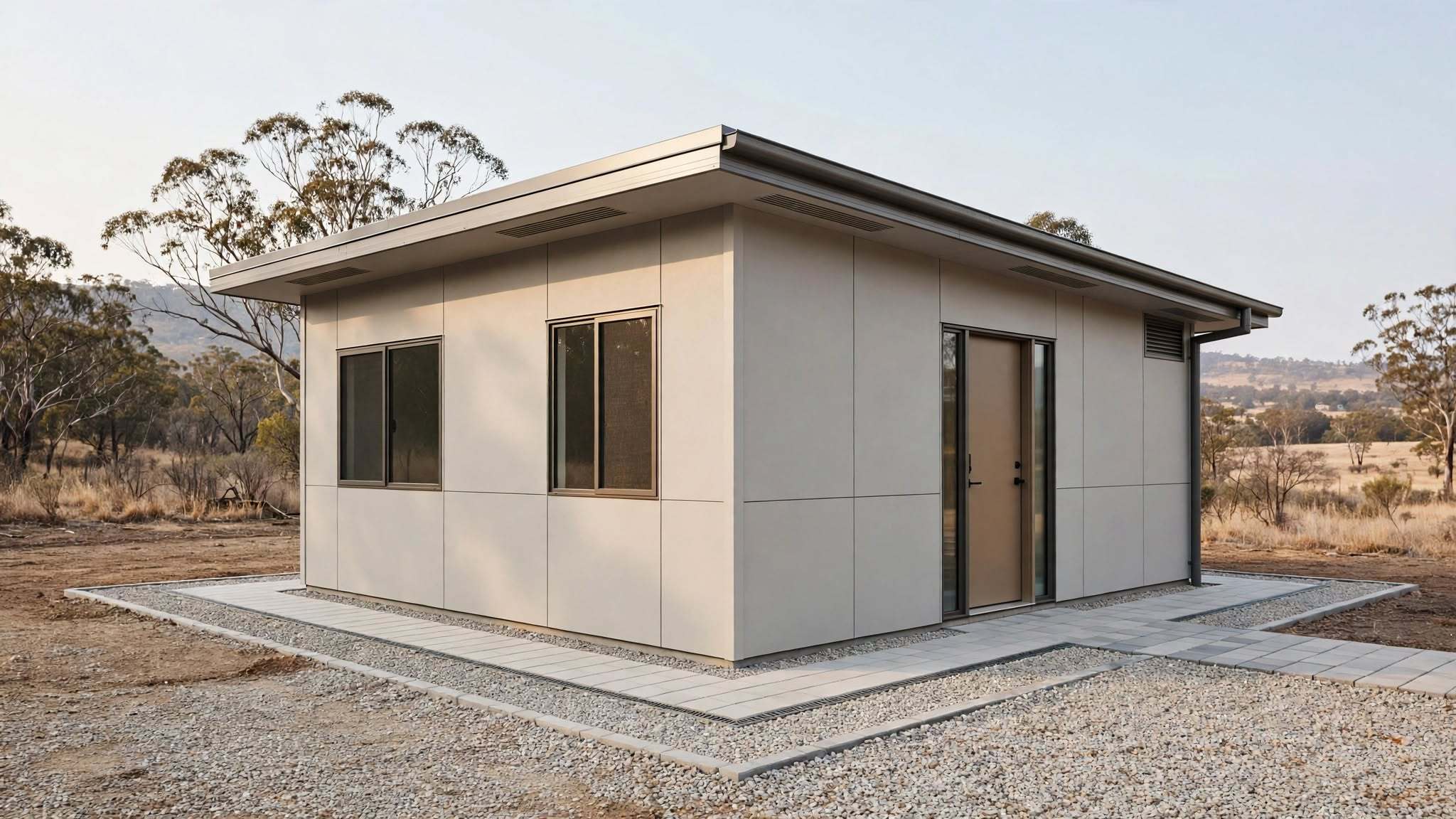 Fire-resistant home design — materials, compact shape, defensible space and glass that give a house a better chance against embers and radiant heat