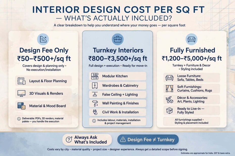 Interior design cost per sq ft India 2026 ranges from basic ₹800-1500 to luxury ₹3500-5000 plus for turnkey residential projects