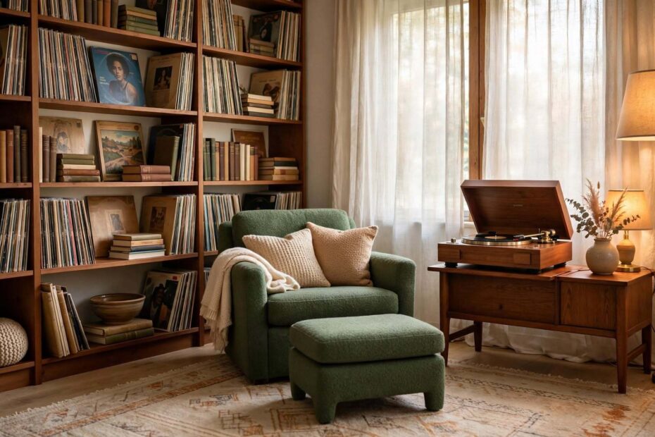 Listening lounge design featuring vinyl records, books and a comfortable chair for screen-free relaxation