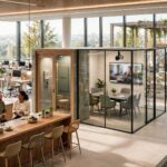 Modern office interior showing the amenities tenants and staff actually prioritise — natural light, social kitchen, terrace access and flexible meeting spaces in a well-planned fit-out