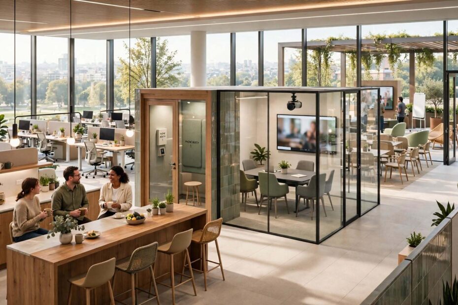 Modern office interior showing the amenities tenants and staff actually prioritise — natural light, social kitchen, terrace access and flexible meeting spaces in a well-planned fit-out